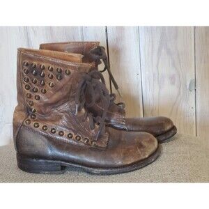 Bed Stu 6 Cobbler Series Brown Studded Distressed Leather Lace Up Boots Womens's